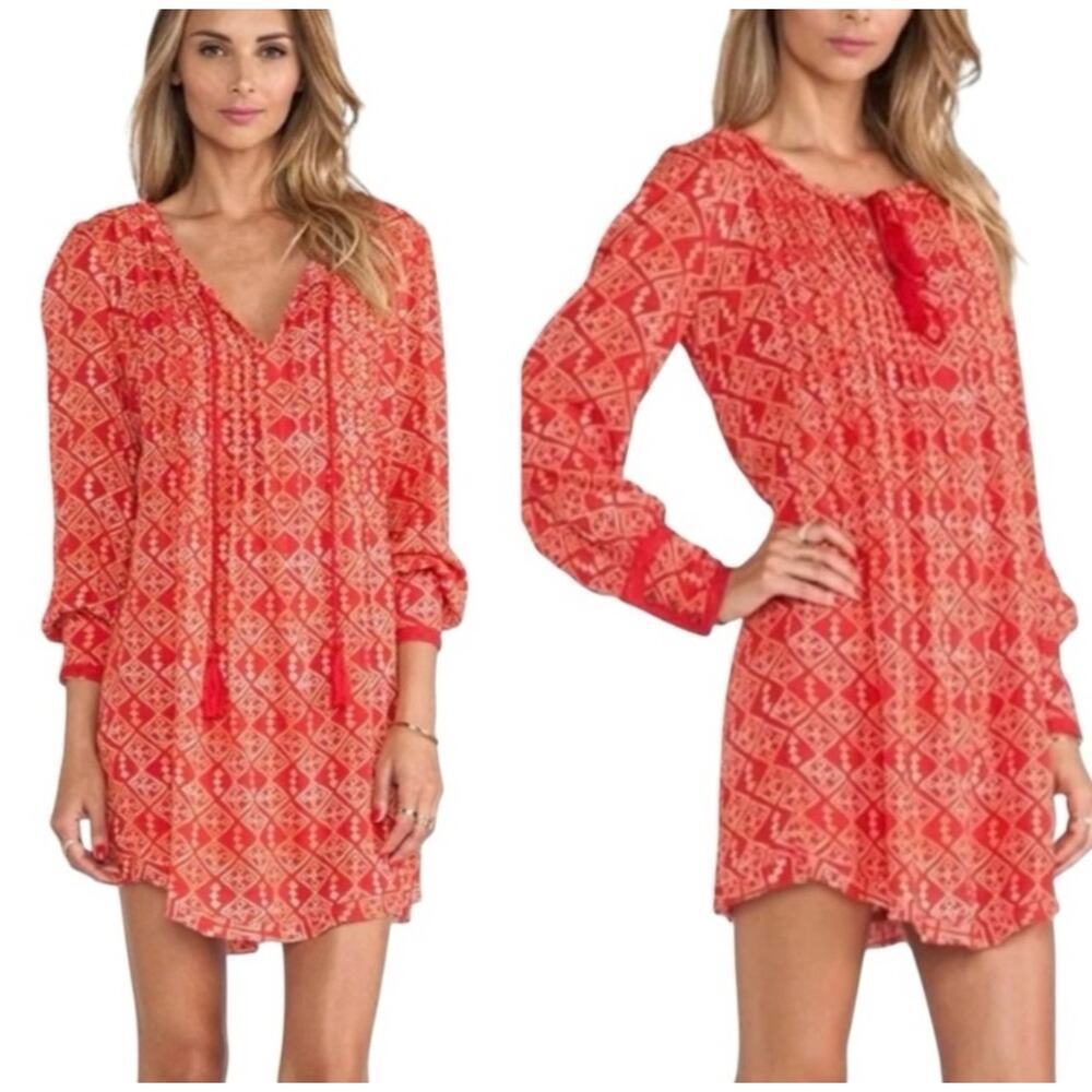 Free People Pintuck Marlow Swing Dress Tunic Red Cream Orange Size Small